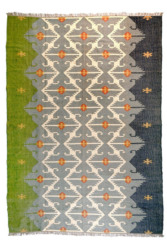 alfombra kilim grande, azul, verde y gris, de lana y yute, hecha a mano