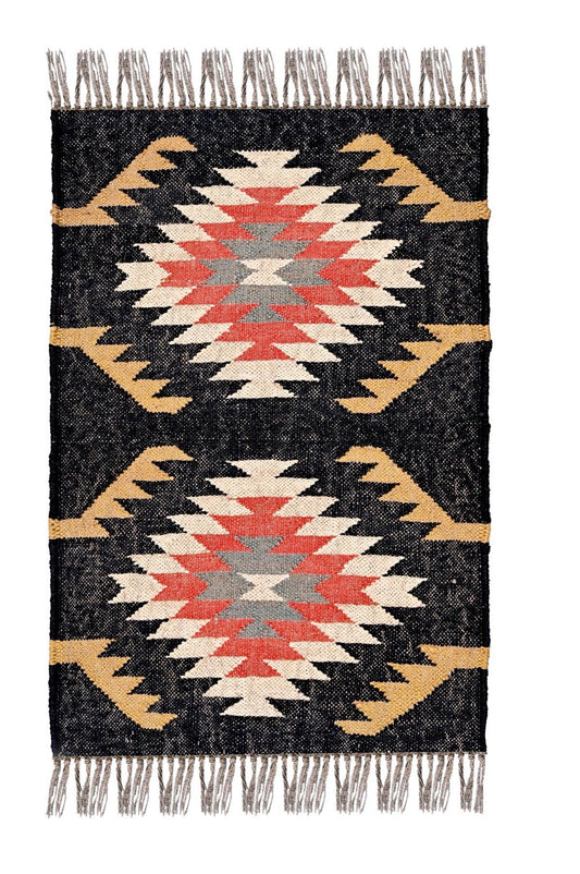 alfombra kilim,  pequeña, multicolor, étnica, reversible, artesanal, India.