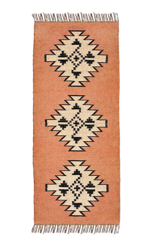 alfombra kilim, de lana y yute,  pasillo, blanco, naranja, beige, negro,, étnico,  geométrica,  reversible, artesanal, moderno,India.