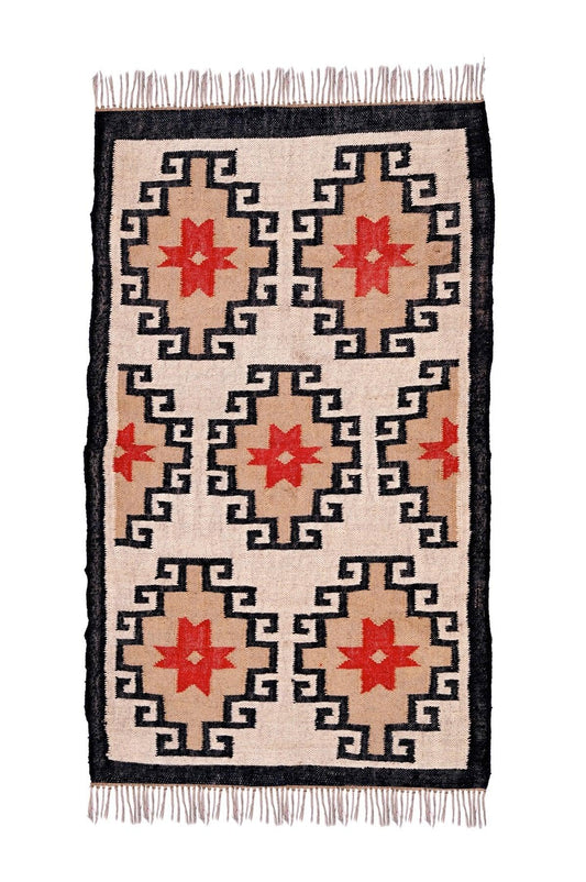 alfombra kilim, de lana y yute,  pequeña, étnica, marron, girs, blaca, multicolor, geometrica,  reversible, artesanal, India.