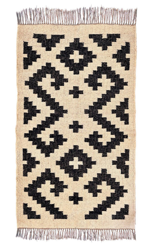 alfombra kilim, de lana y yute,  pequeña, étnica,  blanco, negro, geométrica,  reversible, artesanal, moderno,India.