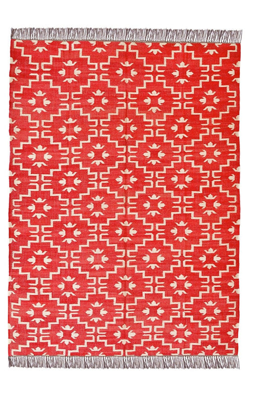 Alfombra Kilim Grande, étnico, moderno, tradicional, rojo y blanco, hecha a mano de Lana y Yute - 240x300 cm - Origen India -Tintes Naturales- Fibras Sostenibles